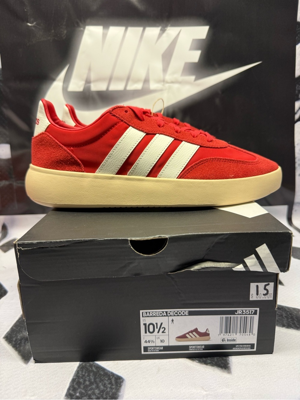 adidas Red Low-Top Sneakers with White Stripes and Cream Sole - Picture 4 of 6